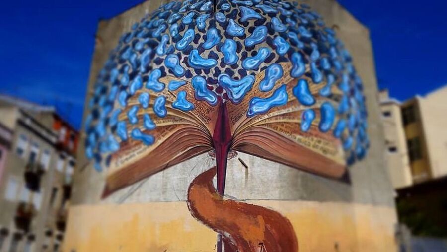 Urban art installations on many buildings